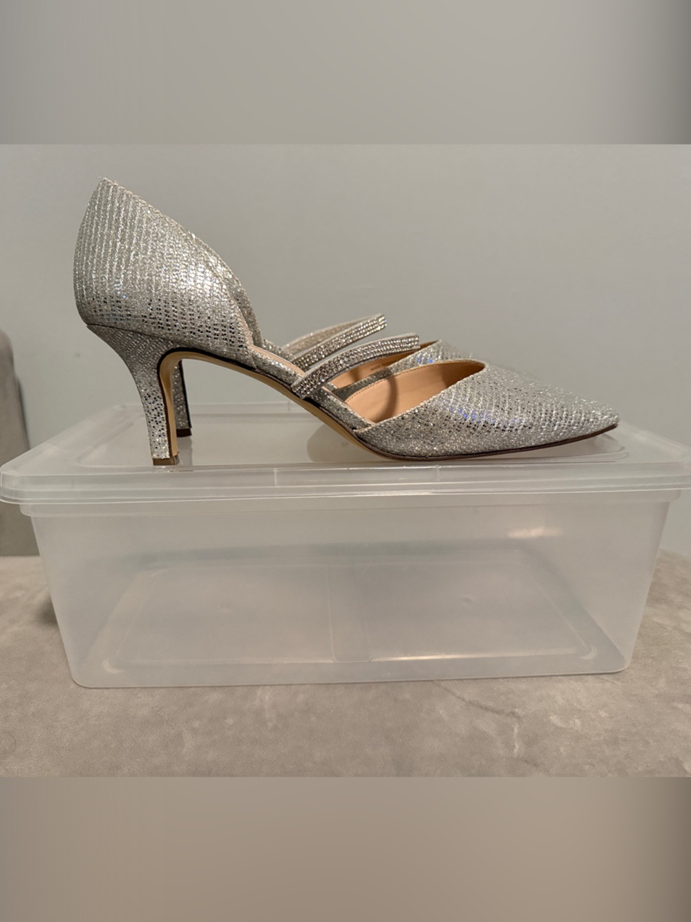Nina Silver Shimmer D'Orsay Pointed Toe Pumps with Crystal Embellished Strap